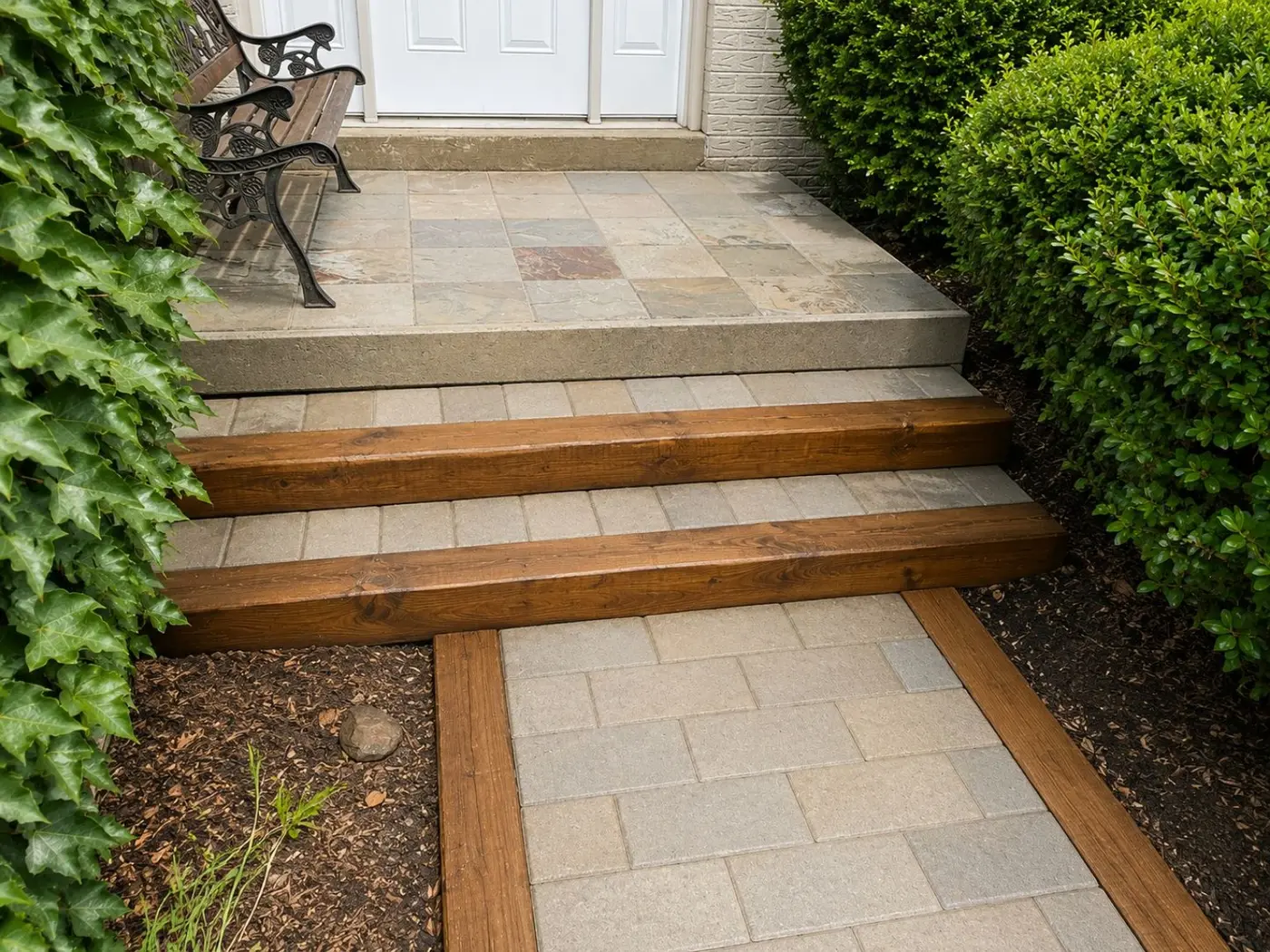 Paver walkway and timber-edged entrance steps